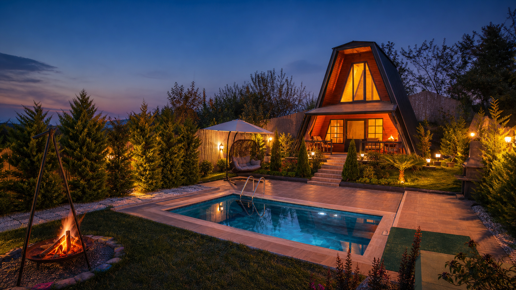 ADAGULİ 1 sinematik bahçe, havuz ve A-frame ev